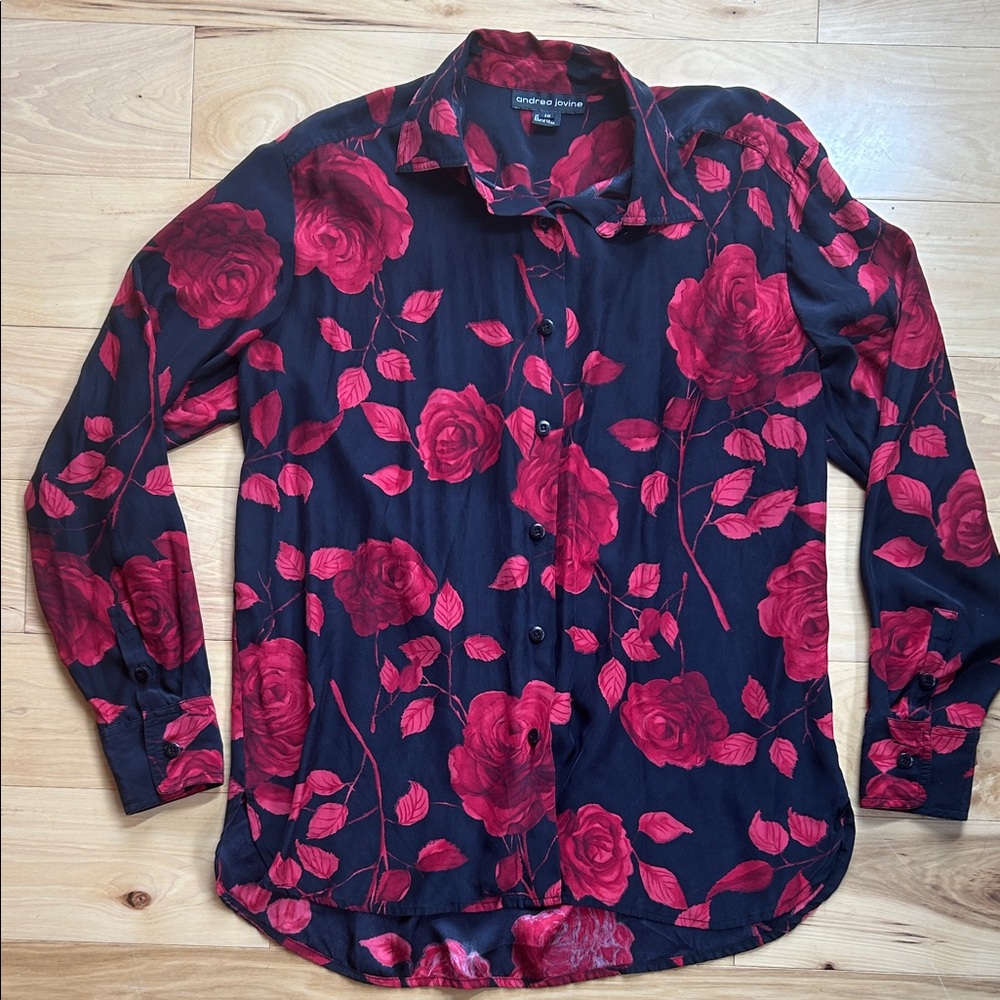 Andrea Jovine 100% Silk Black/Red Floral Shirt | Size 10